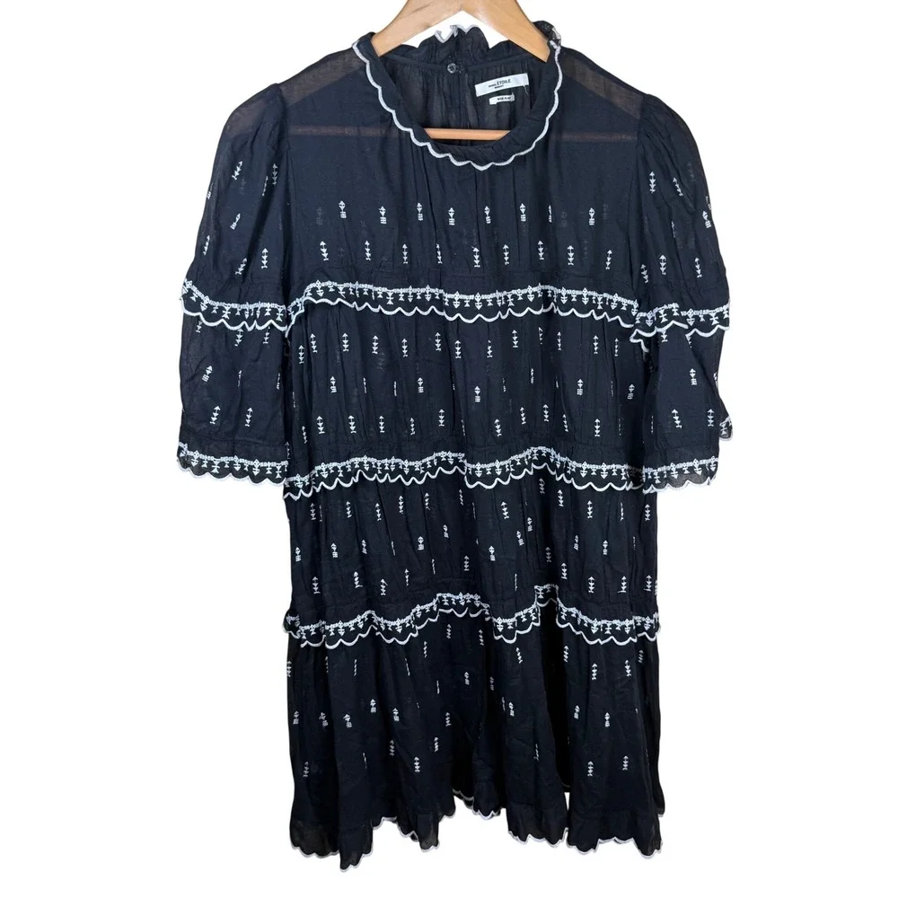 Isabel Marant‎ Etoile Lyin Dress Women Med Black White Embroidered Tiered Boho